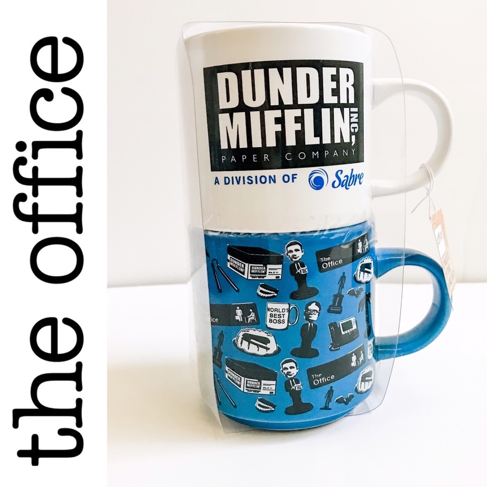 NEW Set of 2 “The Office” Dunder Mifflin Inc. Ceramic Coffee Mugs, white blue